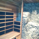 Protruding rock formations give the sauna a dramatic effect